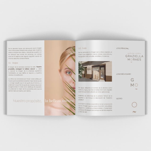 Proyecto diseño gráfico maquetación de libro de marca para empresa de medicina estética