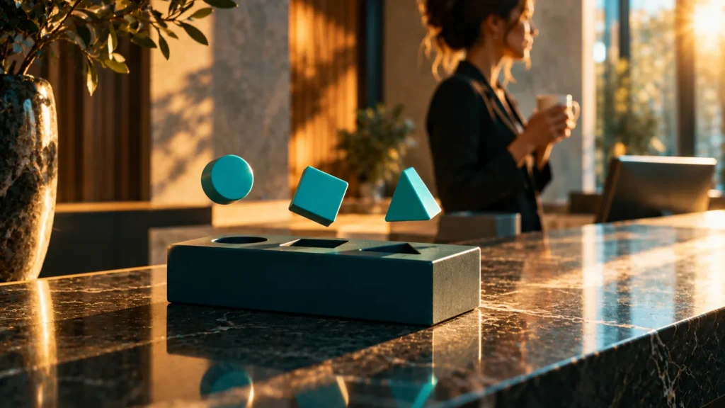 Fotografía conceptual: tres piezas turquesa caen cada una en su hueco de un juguete de encajar formas sobre un mostrador de recepción, mientras una recepcionista toma café al fondo