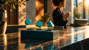 Fotografía conceptual: tres piezas turquesa caen cada una en su hueco de un juguete de encajar formas sobre un mostrador de recepción, mientras una recepcionista toma café al fondo